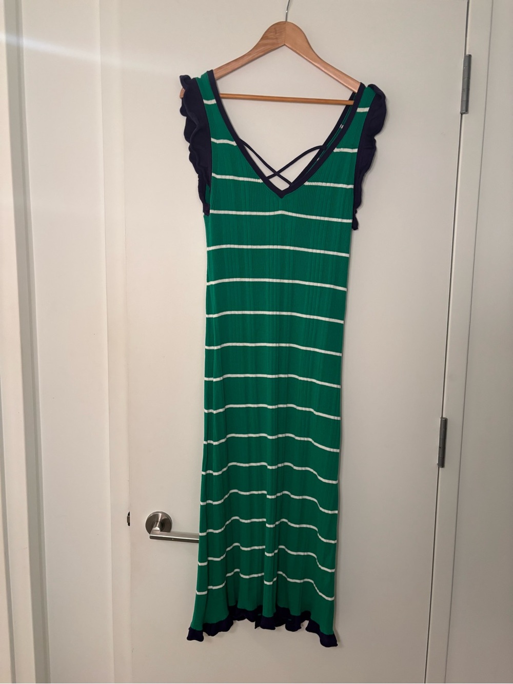 Green Striped V-Neck Maxi Dress with Navy Trim